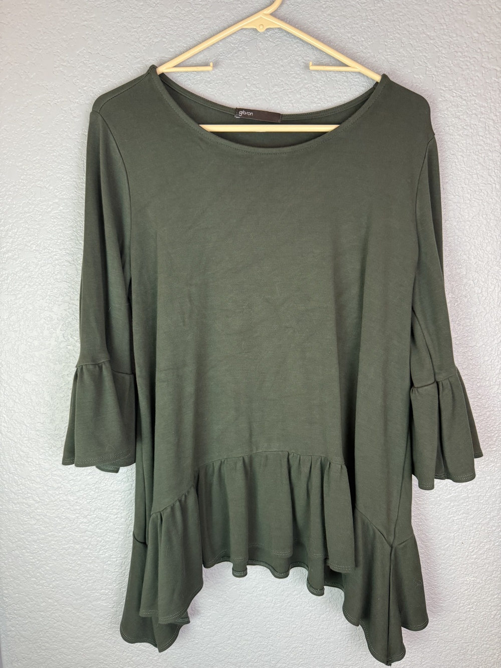 Gibson Tunic Top Womens Large Green Ruffle Hem Bell Sleeve Stretch Pullover